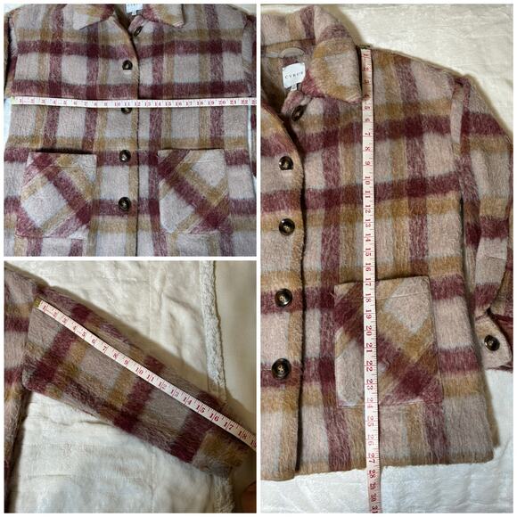 Cyrus Brushed Plaid Button Jacket Shacket Camel Burgundy Statement Maker Women M - Picture 8 of 8